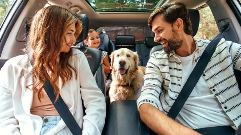 homem, mulher, filhos e cachorro em carro elétrico