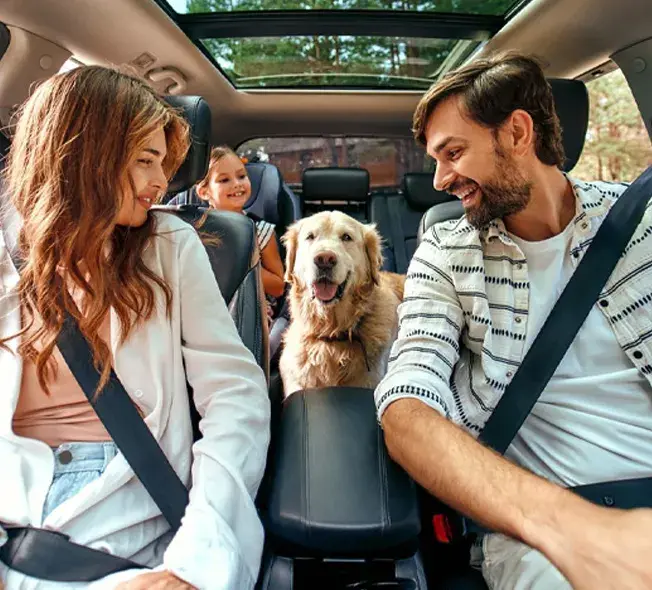 homem, mulher, filhos e cachorro em carro elétrico